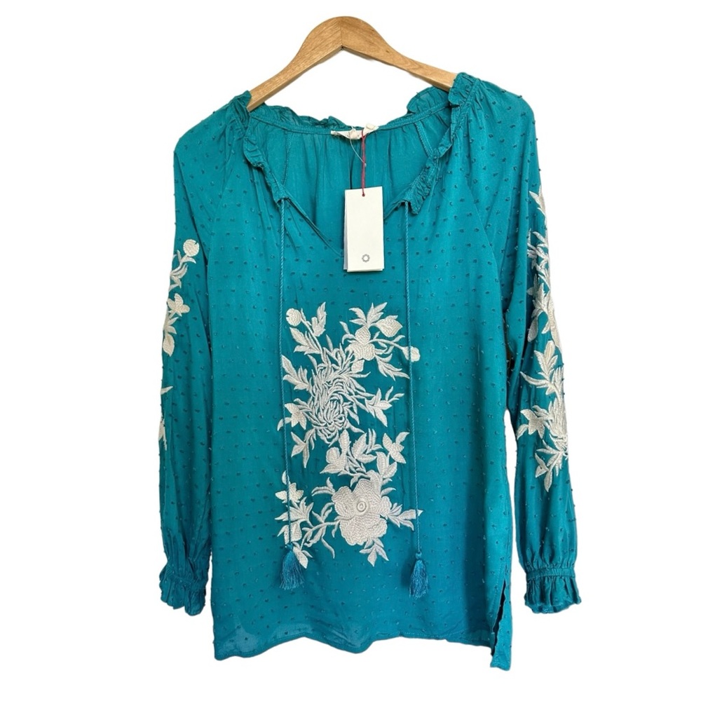 Solitaire Tunic Embroidered Peasant Blouse Turquoise Ruffled Neck Ties Size S - Picture 2 of 13